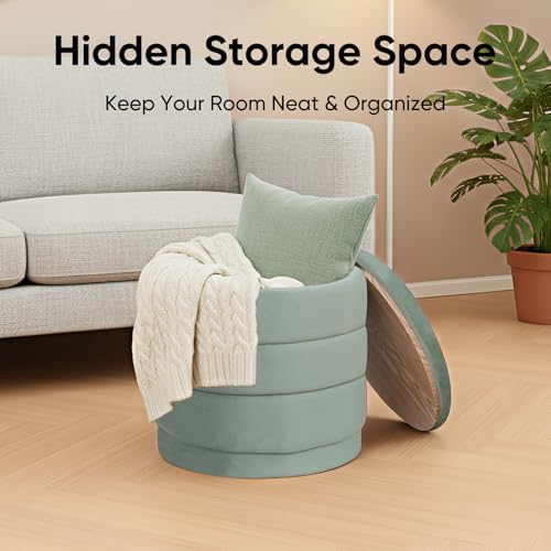 Round Storage Ottoman, 15.4" Velvet Footstool, Sage Green - Image 4