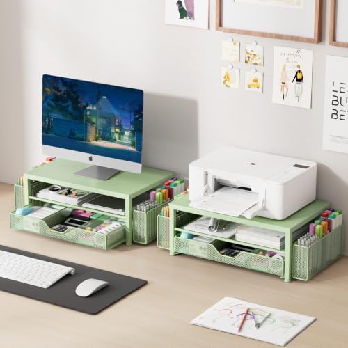 OPNICE Desk Organizer and Accessories, 2-Tier Computer Monitor Stand Riser with Drawer and 2 Pen Holders, Laptop Stand, Office Desk Accessories for Office Supplies, Light Green - Image 7