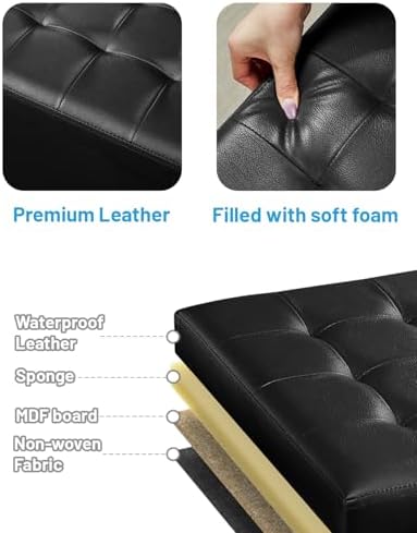 Bsketa Storage Ottoman Bench,17 Inch Folding Leather Foot Rest Stool, Black - Image 4