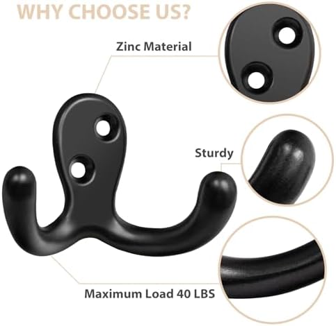 Homanu 10 Pack Black Coat Hooks Wall Mounted Double Prong with 20 Screws - Image 4