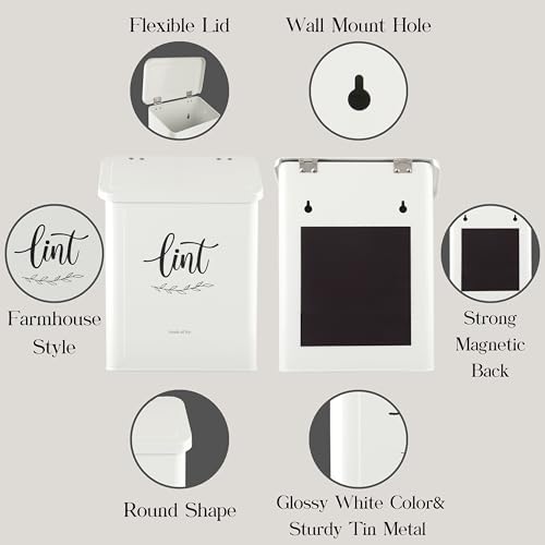 Perfnique Magnetic Lint Bin for Laundry Room with Lint Brush, Wall Mounted Lint Holder Trash can with lid for Dryer, Modern Farmhouse Rustic Metal Laundry Room Storage Organization and Decor(White) - Image 6
