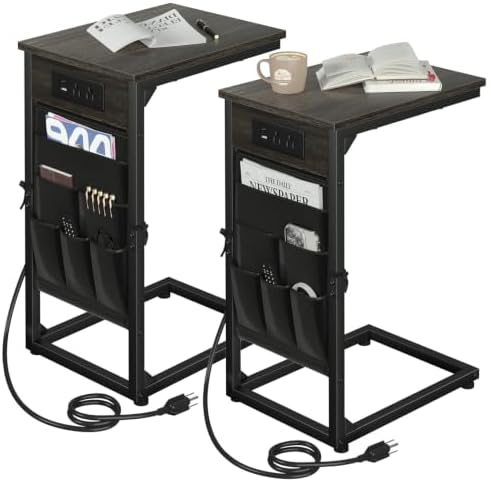 AMHANCIBLE C Shaped End Table with Charging Station, TV Trays, Set of 2 by AMHANCIBLE