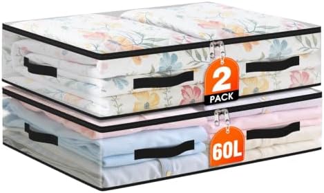 2 Pack Under Bed Storage Bags, 60L Foldable Clear Containers with Handles by Unknown