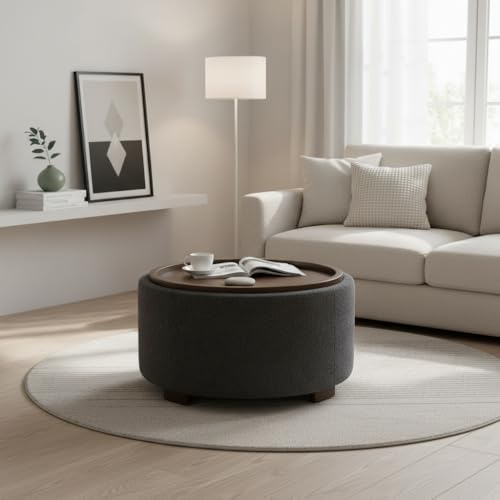 Zihanhome 30 Inch Round Storage Ottoman, Ottoman Coffee Table with Lift Off Lid, Boucle Modern Ottomans with Storage for Living Room, Bedroom, Apartments (Grey) - Image 3