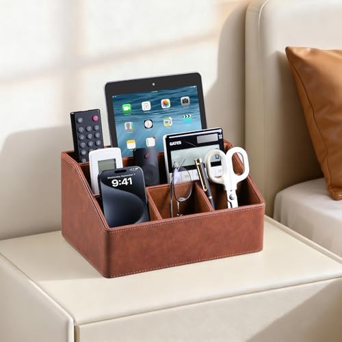 PU Leather Desk Organizer, Remote Control Holder (Brown) - Image 6