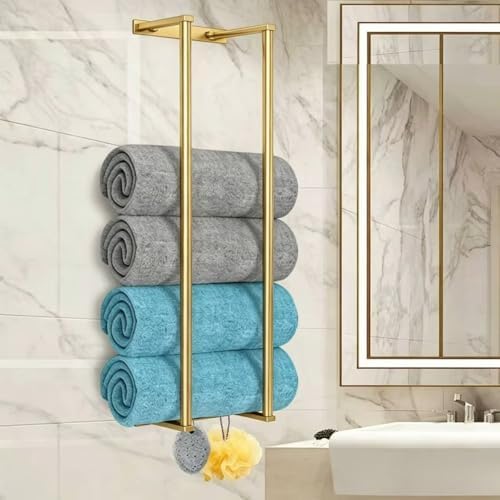 Bathroom Towel Rack for Rolled Towels, Wall Mounted Towel Storage Rack for Bathroom Organization, Stainless Steel Towel Storage Holder Can Holds Up to 6 Large Bath Towels (Gold) - Image 2