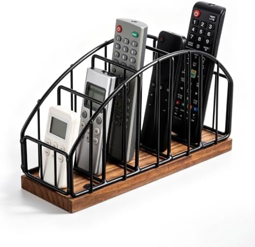 5 Slot Remote Control Holder 7.87 x 3.93 x 2.75 Inch, Vertical Metal & Wood Remote Caddy for Table, Desktop Storage Desktop Organizer for TV Remotes, Phone, Glasses, Nightstand Coffee Table, Black by Yiyiring