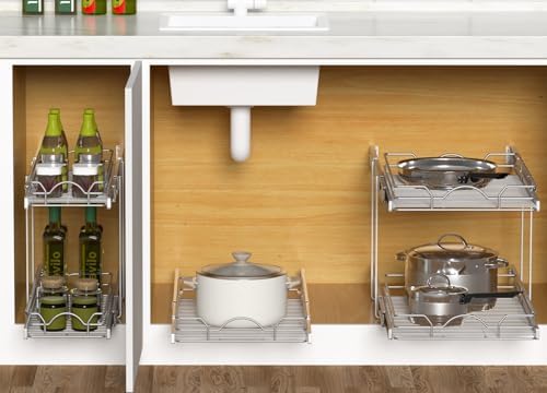OCG Pull Out Cabinet Organizer 2 Pack (18" W x 21" D), Pull out Shelves 1 Tier, Cabinet Slide Out Shelves for Base Cabinet Organization in Kitchen Bathroom Pantry, Bottom Mount, Chrome Finish - Image 4