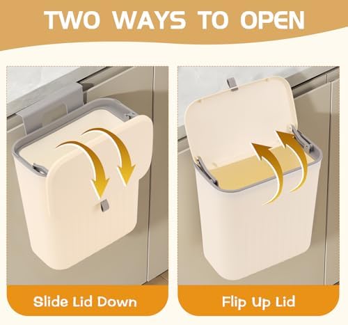 3 Pack Hanging Trash Can with Lid, Kitchen Compost Bin for Counter Top or Under Sink, Plastic Waste Basket Wall Mounted Garbage Can for Cupboard/Bathroom/Bedroom/Office/Camping (Cream) - Image 4