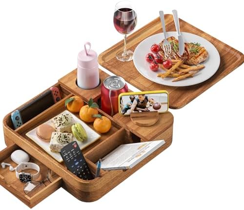 Couch Cup Holder 2-Tier Acacia Wooden Trays with Drawer 12.5 * 12.5 in by CouchCupHolder