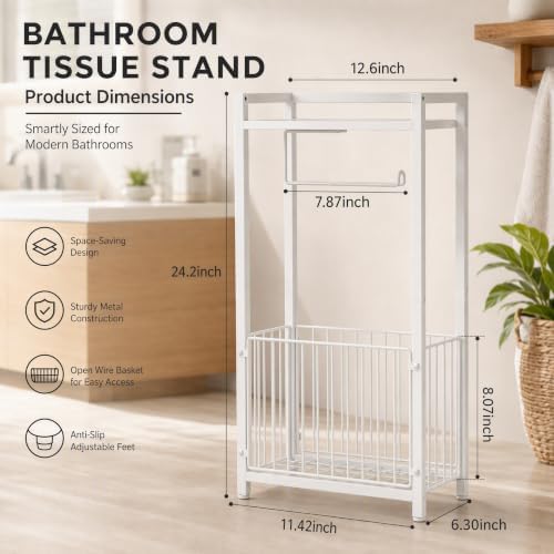 Freestanding Toilet Paper Holder with Storage Shelf, White - Image 4