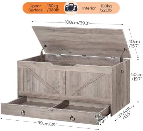 HOOBRO Storage Chest, 39.3" Toy Chest with Drawer, Wooden Storage Bench, Sturdy Entryway Bench Supports 330 lb, Safety Hinge, U-Shaped Opening, Easy Assembly, Greige BG710CW01G2 - Image 5