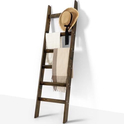 TEAKMAMA 6-Tier 5.4ft Blanket Ladder with Hooks Farmhouse Rustic Brown by TEAKMAMA