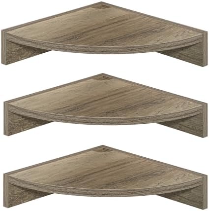 Fun Memories Corner Shelf Wall Mount, Wood Floating Corner Shelves,Corner Wall Shelf for Bedroom, Bathroom, Kitchen, Living Room (Grey, 3 Pack) by FunMemories