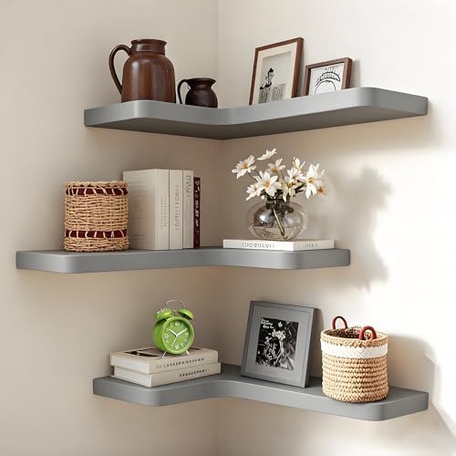 Floating Corner Shelves Set of 3, Solid Wood Picture Wall Shelf, Floating Shelves for Storage for Bedroom Kitchen Bathroom Living Room (Grey) by Unknown