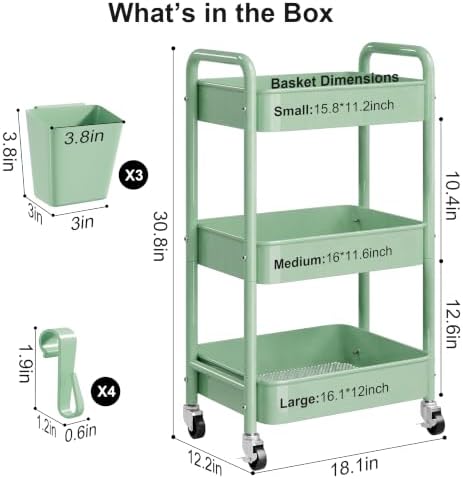 3 Tier Rolling Storage Cart Metal with Wheels,Sage Green Diaper Caddy Carts - Image 5