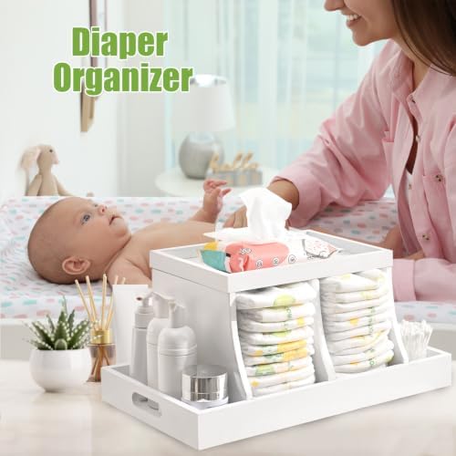 Diaper Caddy Organizer, Changing Table Organizer, Wooden Diaper Organizer for Nursery, Baby Diaper Storage Organizer with Removable Dividers (White, Rectangular Size) - Image 2