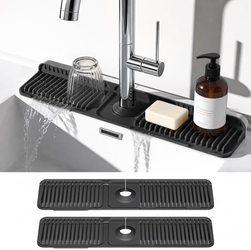 2PCS 24 Inch Faucet Mat for Kitchen Sink, Silicone Splash Guard for Kitchen Sink Area, 7° Slope Fast Self-Draining Sink Mat, Cuttable Hole Design, Sink Backsplash Guard Draining Mat, Black by Prolixity