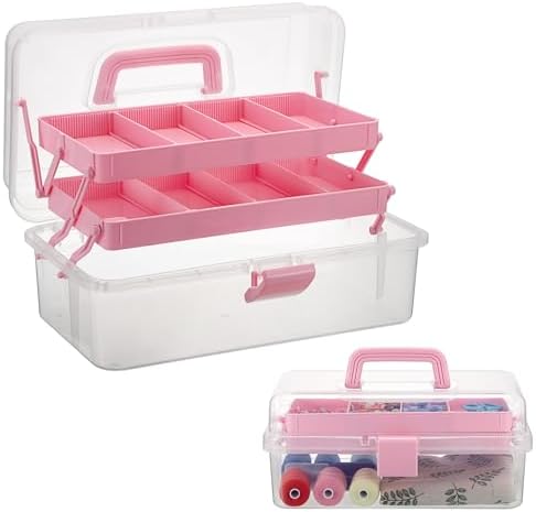 BTSKY 3-Layer Clear Plastic Dividing Storage Box Craft Organizer and Storage with Adjustable Spacers Portable Handled Art Supply Organizer Multipurpose Home Utility Box Sewing Organizers (Pink) by BTSKY
