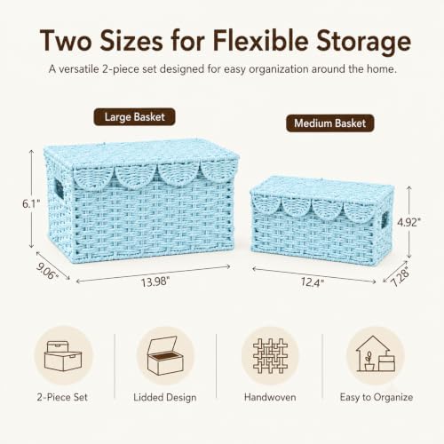 Set of 2 Scalloped Baskets, Paper Rope Wicker Baskets with Lids, Blue - Image 3