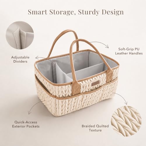 Konssy Baby Diaper Caddy Organizer, Braided Quilted Design with PU Handles - Image 3