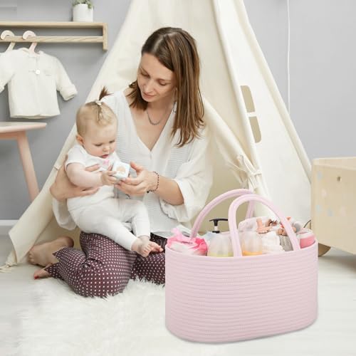 COMSE Large Cotton Rope Baby Diaper Caddy Organizer for Girls, Light pink - Image 3