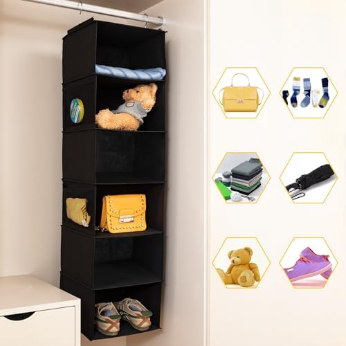 BrilliantJo 6 Shelves Hanging Closet Organizer, 2 Pack Hanging Storage with 4 Side Pockets for Clothes Shoes, 43.5"x12"x12"(Black) - Image 4