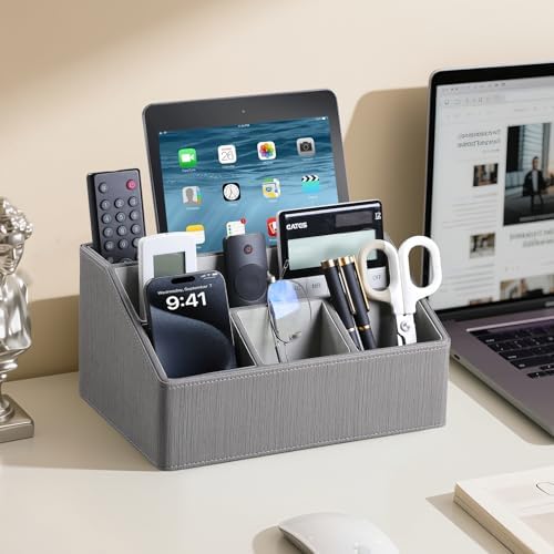 PU Leather Desk Organizer, Remote Control Holder (Grey) - Image 3