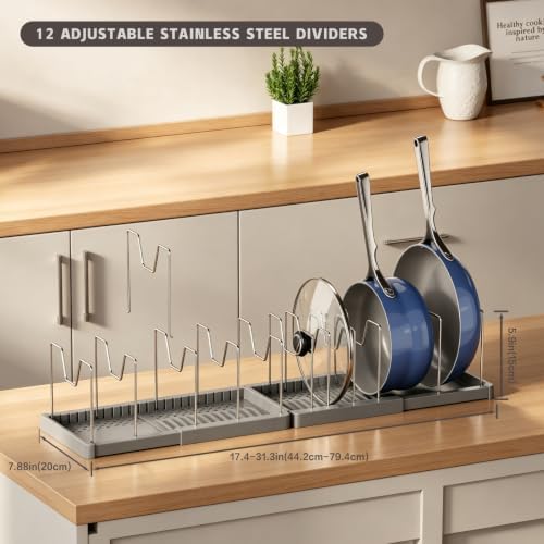 Magheo 1 Pack Expandable Food Storage Container Lid Organizers, 31.3" Pots and Pans Organizer Under Cabinet with 12 Adjustable Dividers Pot and Pan Lid Holders Rack Inside Cabinet(Gray) - Image 3