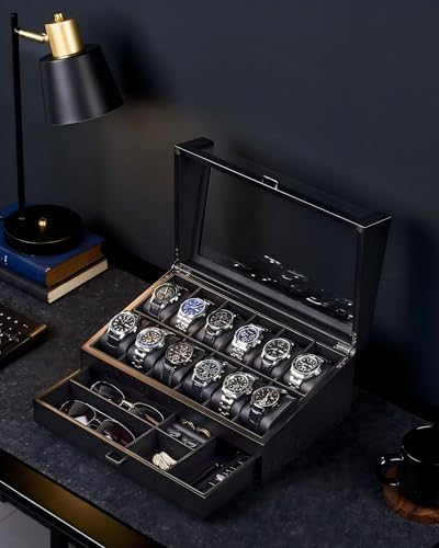 ProCase High End Wooden Watch Box for Men, 2-Layer Wood Watch Display Case Men's Jewelry Organizer Box with Drawer -12 Slot, Black - Image 4