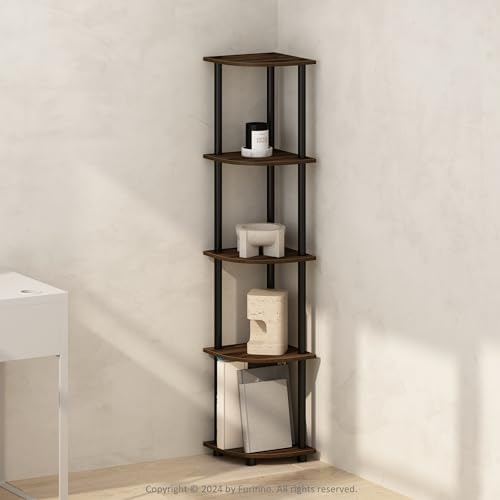 Furinno Turn-N-Tube Storage Shelves, 5-Tier Book Shelf, Corner Shelf, Toolless Open Shelves, for Organization and Storage, Living Room, Home Office, Hallway, Bedroom, Columbia Walnut by Furinno-FitsYourSpaceFitsYourBudget