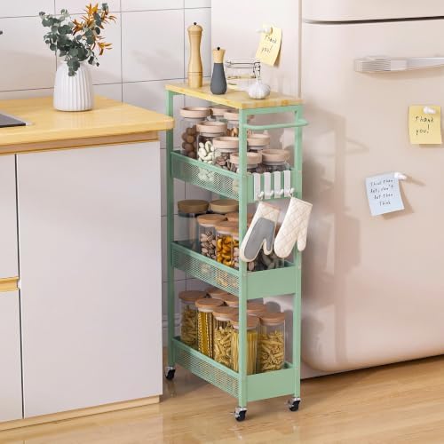 7.1" Wide Slim Storage Cart on Wheels, 4 Tier Metal Narrow Rolling Cart with Handle and Wood Top, Multifunctional Small Mobile Shelf Unit Organizer Trolley for Laundry, Bathroom, Kitchen by Vincona