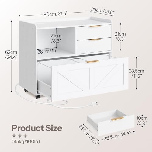 HOOBRO Lateral File Cabinet, Wooden Office Storage Drawers with Charging Station, Filing Cabinet for Home Office, A4/Letter/Legal-Sized Files, Printer Stand with Open Storage Spaces, White WT37UWJ01 - Image 3