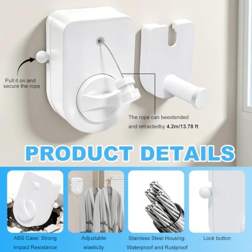 Retractable Clothesline 13.7FT, Heavy Duty Wall Mounted Laundry Line - Image 4