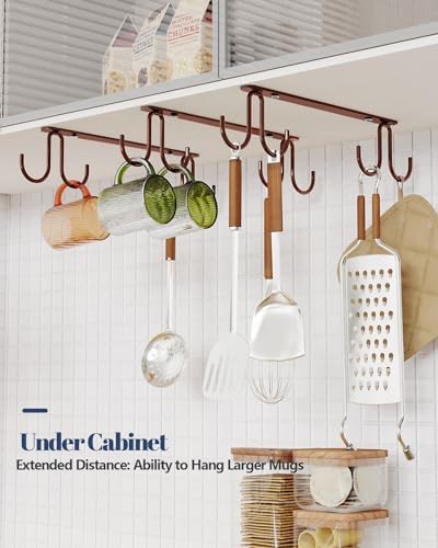 Luckinow Mug Hooks Under Cabinet 3 Pack, Coffee Cup Hooks for Hanging Under Shelf, Mug Organizer Rack with 12 Hooks for Displaying Mugs, Coffee Cups and Kitchen Utensils, Brown - Image 6