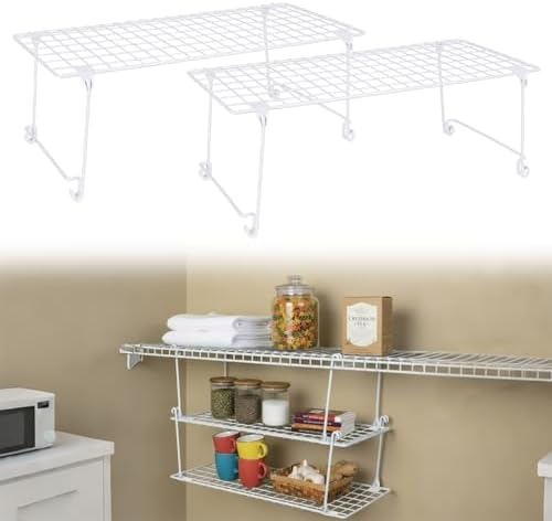 Leinuosen 2 Pack Stackable Wire Shelves 21.5'' x 10.75'' x 7.87'', Stack and Hang Wire Shelves for Closet, Space Saving White Shelf Extender for Closet, Kitchen, Laundry Room, Bathroom, Pantry by Leinuosen