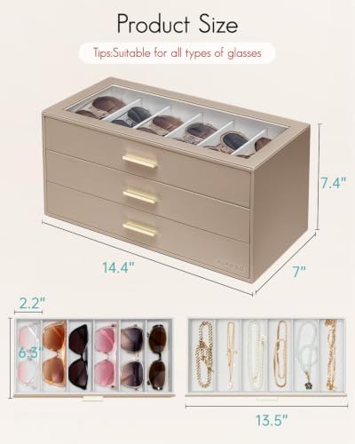 VLANDO 18-Slot Sunglasses Organizer Case with Clear Lid & 3 Drawers,Toffee - Image 5