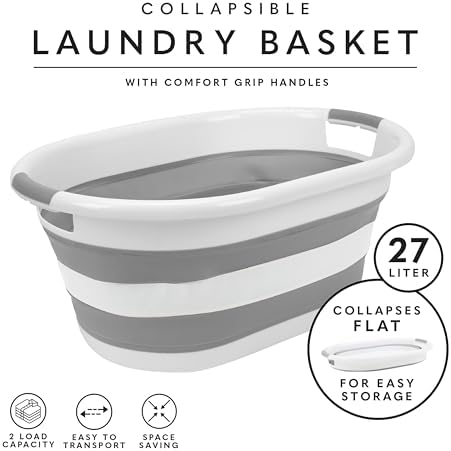 Laundry 360 2pk Collapsible Laundry Basket | Portable | Space Saver Storage | Hold 2 Loads | Store Under the Bed or Closet | Good for Kids | Dorm | Bedroom | Large | White/Grey - Image 2
