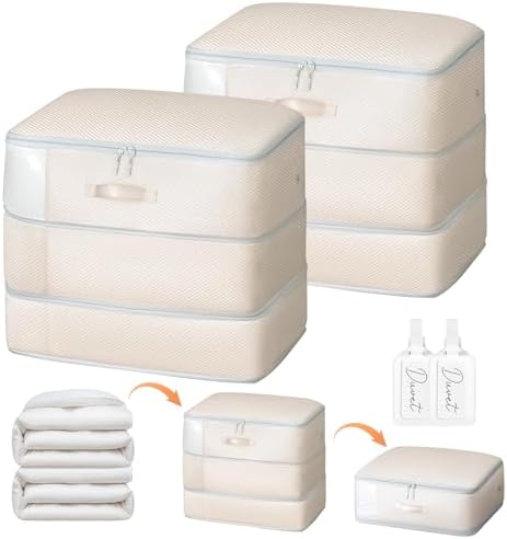 Comforter Storage Bag - Large Capacity Blanket Storage Bags 3-Layer Ultra Space Saving Self Compression Organizer, Washable Compression Bags for Storage Comforter Blanket, 2-Pack, Beige by EasortmPackingCubes