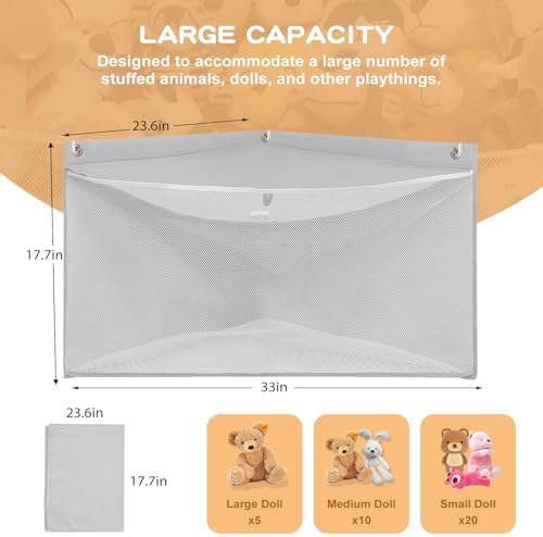 Large Corner Stuffed Animal Storage, Grey Wall Hammock Toy Net, Gift - Image 4