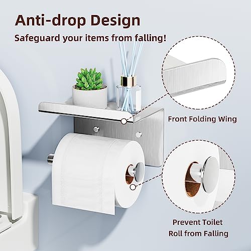 Adhesive Toilet Paper Holder with Shelf, Stainless Steel, Silver - Image 6