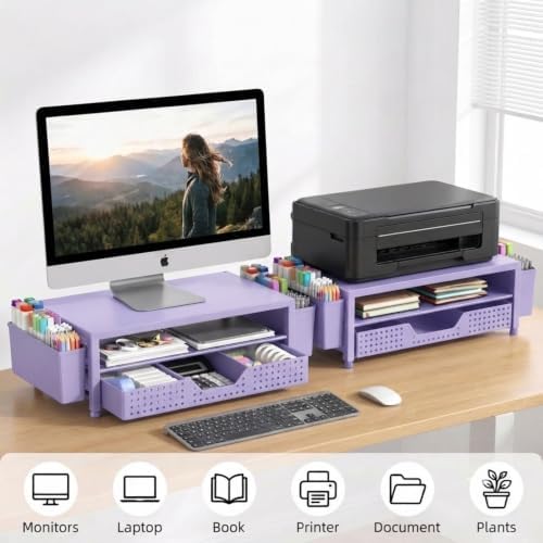 ECOLOVI Desk Organizer and Accessories, 2-Tier Computer Monitor Stand Rise with Storage Drawer & 2 Pen Holders, Laptop & Printer Stand for Desktop, Workspace Organizers for Office Supplies (Purple) - Image 4