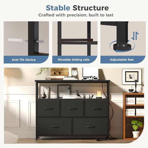 DUMOS TV Stand with 5 Fabric Drawers, Open Shelf & Charging Station - Image 6