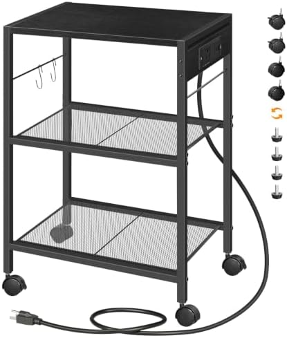HOOBRO Industrial Printer Stand, 3-Tier Mobile Printer Table, Rolling Cart with Power Outlets and USB Ports, Home Printer Stand with 2 Hooks, for Office, Living Room, Black BB22UPS01 by HOOBRO