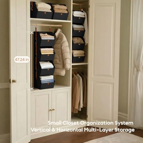 Homsorout Hanging Closet Organizer 4 Tier - Clothes Hanging Shelves, Space-Saving Closet System, Fabric Storage Bins Bedroom Organization, Collapsible Baskets for Home, Dorm, Rv, Black - Image 5