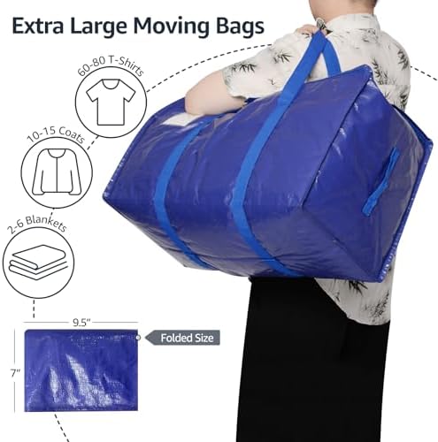 Moving Bags Heavy Duty Extra Large, Moving Boxes, Moving Supplies Essentials, Blue Storage Bins with Lids, Plastic Packing Totes, Storage Bags for Clothes with Handles & Zippers(Blue, 4 Pack) - Image 5