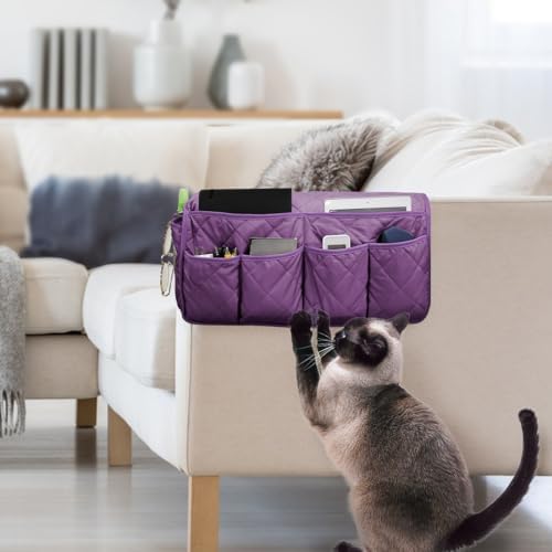 Sofa Armrest Organizer,Couch Remote Control Holder with 14 Pockets Waterproof Non Slip Recliner Organizer for TV Remotes Caddy, Book, Magazines, Ipad (Purple) - Image 5
