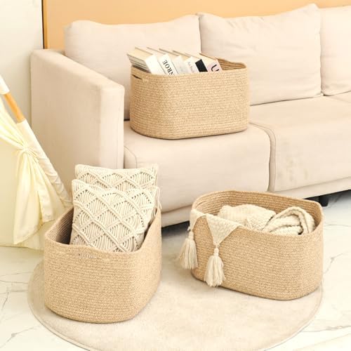 ICERZCZ Large Storage Baskets for Organizing Shelves, Woven Cotton Rope Bins for Baby Nursery Organization, Book Toy Towel Organizer, 17"x13"x9.5", 3 Packs, Brown - Image 6