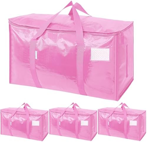 TICONN 4 Pack Extra Large Moving Bags Heavy Duty with Zippers & Carrying Handles, Durable Storage Bags Moving Boxes for Closet Organizers and Storage (4 Pack, Pink) by TICONN