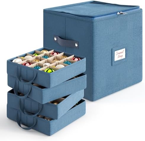 Hearth & Harbor Christmas Ornament Storage Box With 4 Inner Tray Dividers - Non-Woven Ornament Storage Container For 64 Holiday Ornaments or Decorations by HearthHarbor